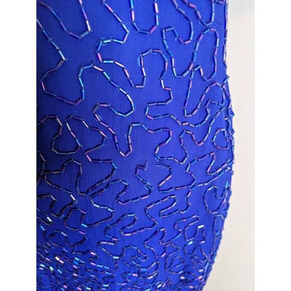 Vintage 80's Scala Royal Cobalt Blue Beaded Silk Cocktail Dress - PL - Picture 6 of 14